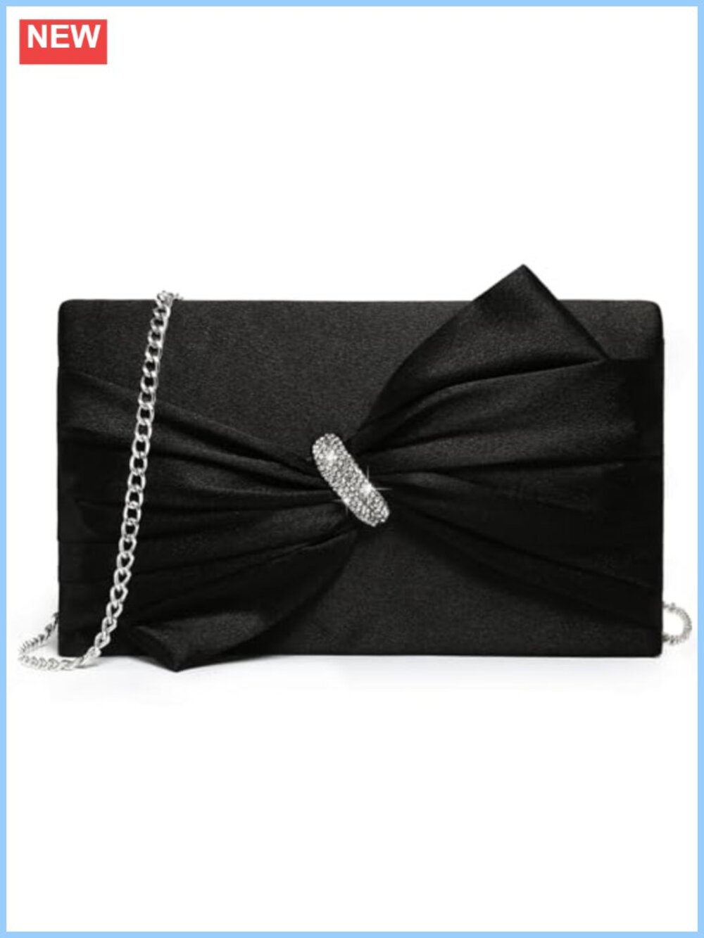 Satin Bow Flap Evening Clutch with Rhinestone Accents and Chain Strap